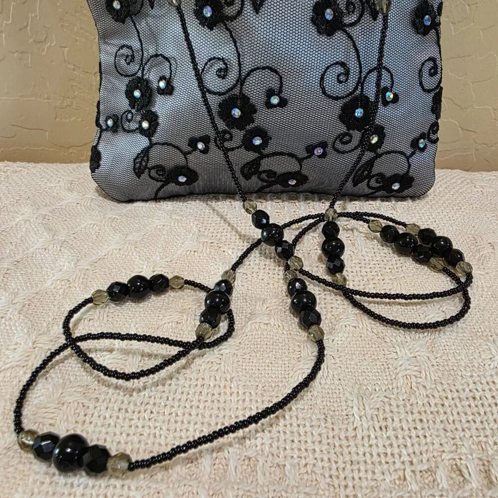 Black Lace Silver Satin Embellished Black Glass Beaded Strap Evening Bag Purse